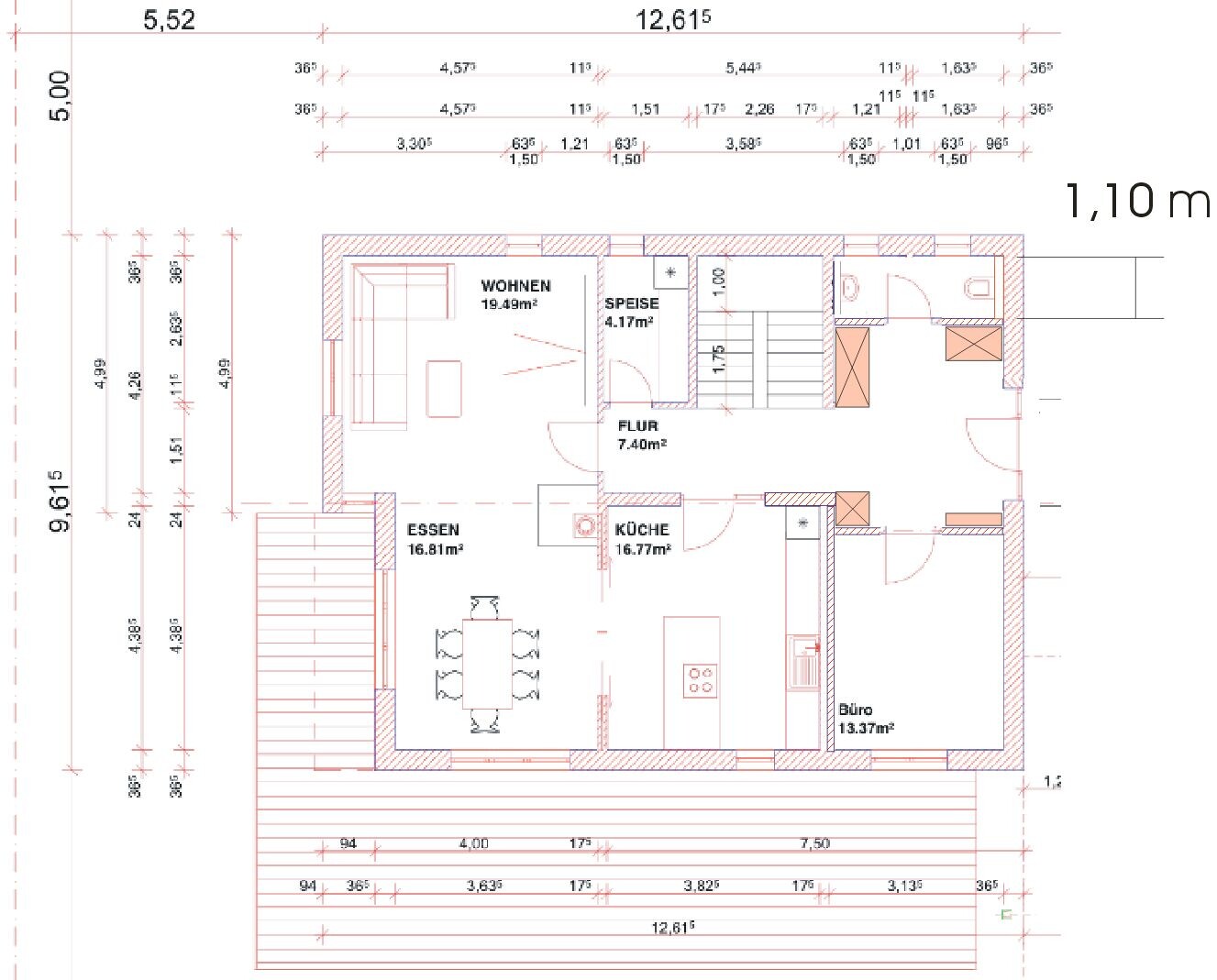 Grundriss eines Hauses mit Wohnzimmer, Essen, Küche, Büro, Speise, Flur und Terrasse.