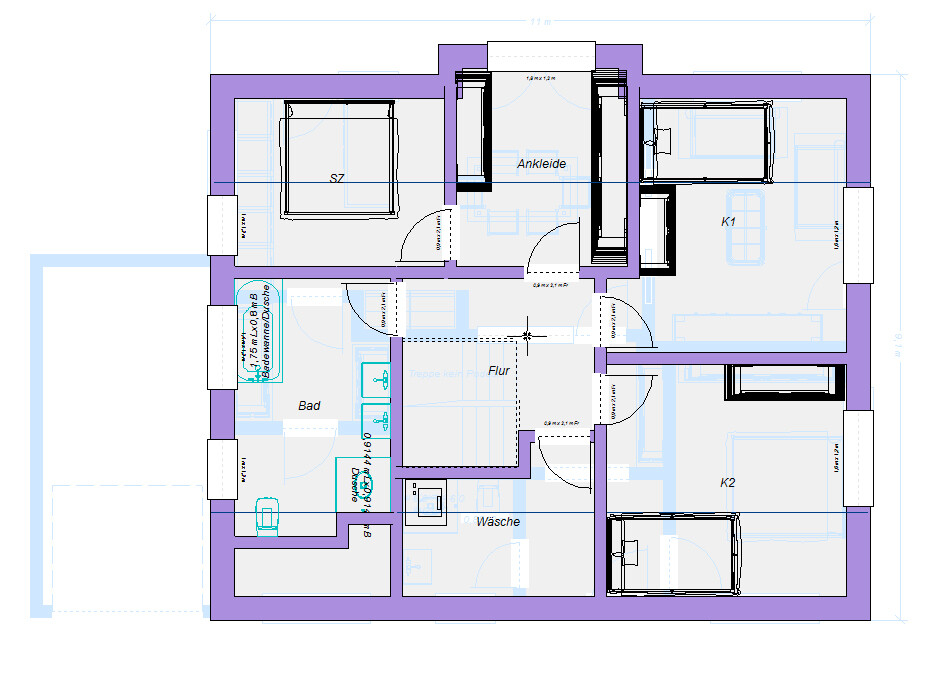 Grundrissplan eines Hauses mit Flur, Bad, Küche und Schlafzimmer