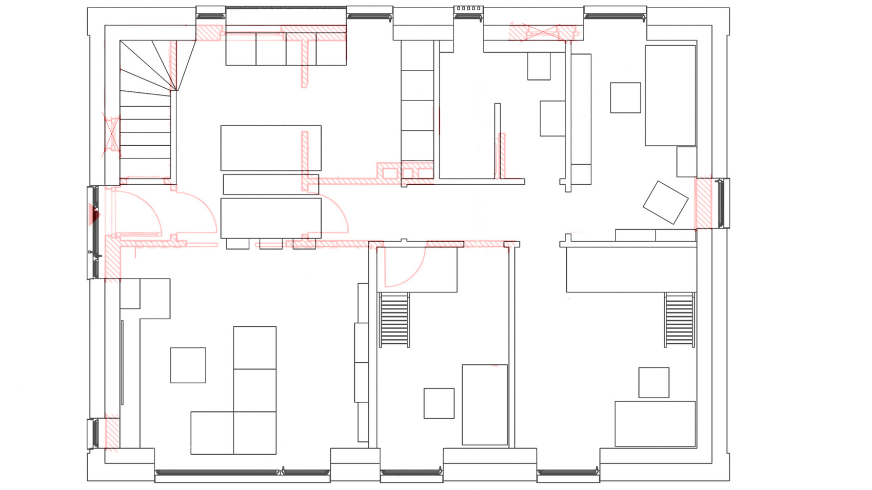 Grundriss eines Wohnhauses von oben mit mehreren Zimmern, Treppen, Möbeln und roten Markierungen.