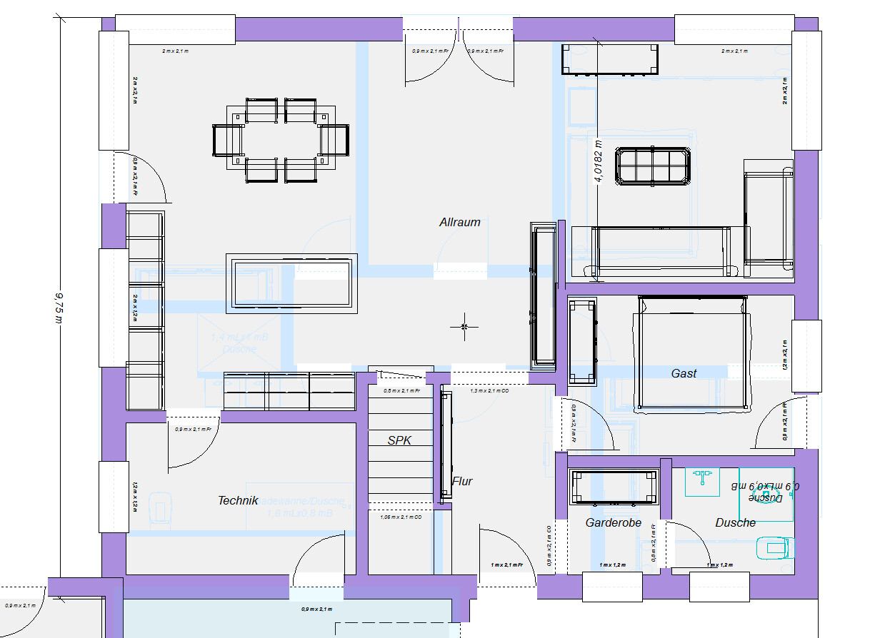 Grundrissplan eines Hauses mit Wohnzimmer, Küche, Technikraum, Dusche und Garderobe