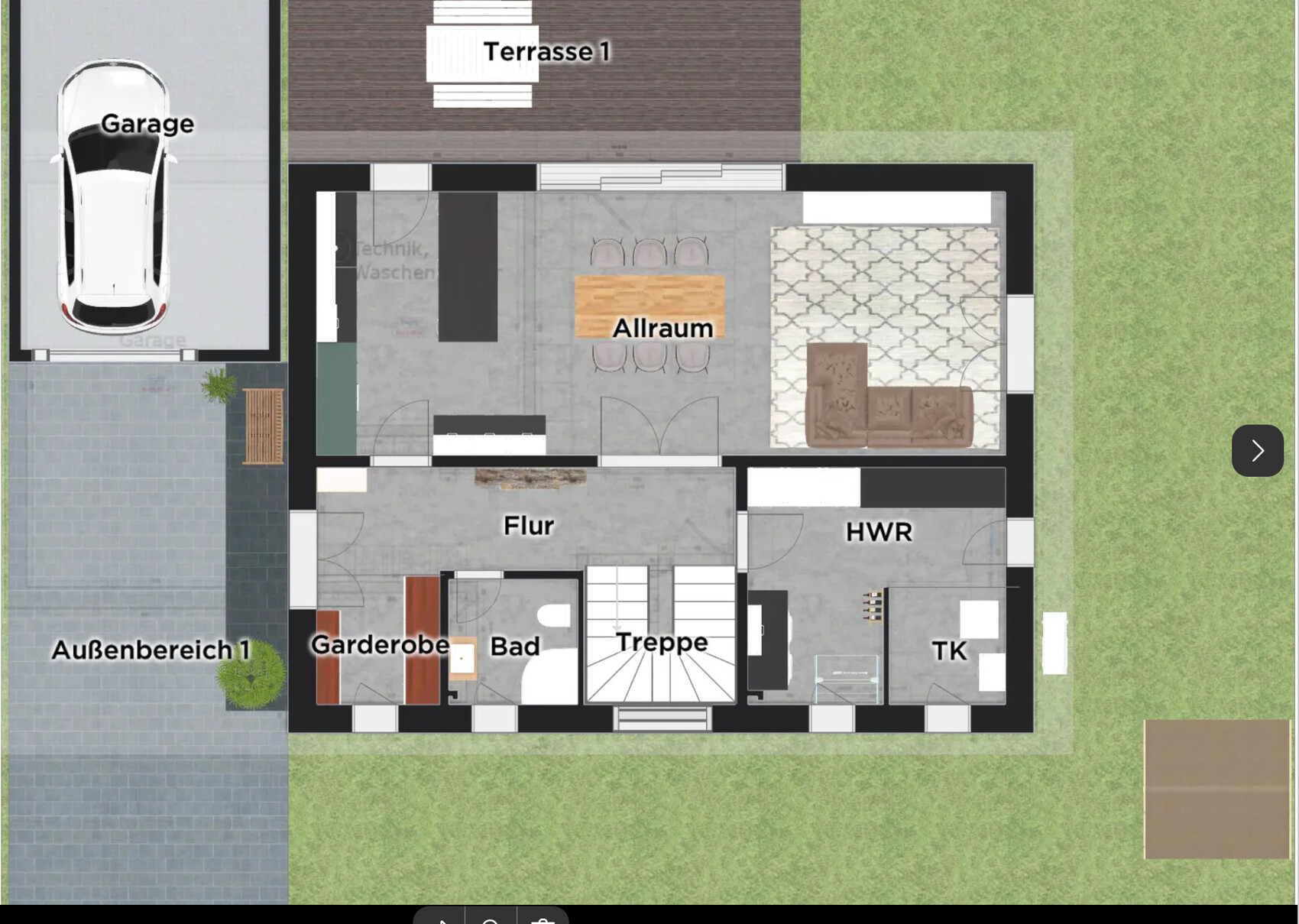 Hausgrundriss mit Flur Allraum Bad Treppe HWR Terrasse und Garage