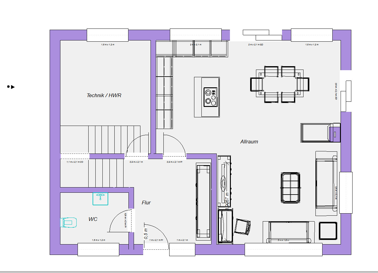 Grundriss eines Wohnraums mit Küche, Insel, Esstisch, Sofa, Flur, WC und Technikraum.