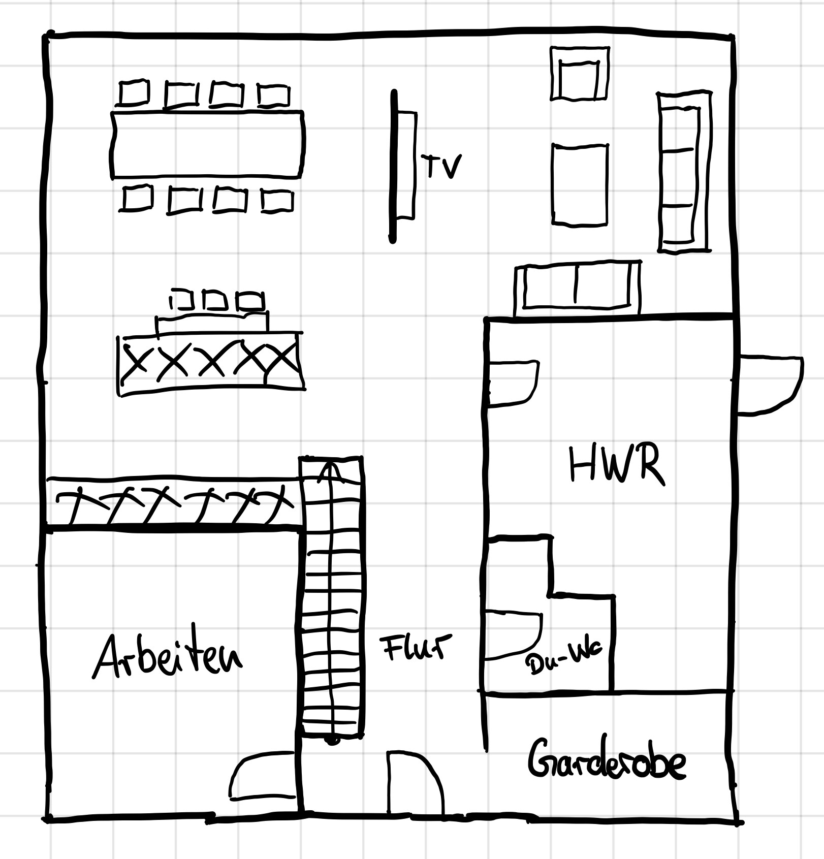 Grundriss eines Wohnraums: Arbeitszimmer links, HWR rechts, Garderobe unten, Flur dazwischen.