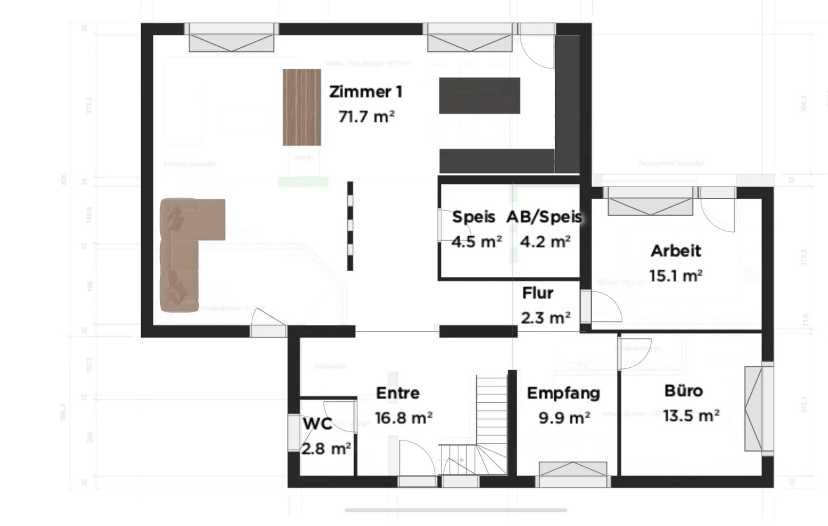 Grundriss eines Hauses mit Zimmer 1, Arbeit, Büro, Empfang, Speis, Flur und WC.