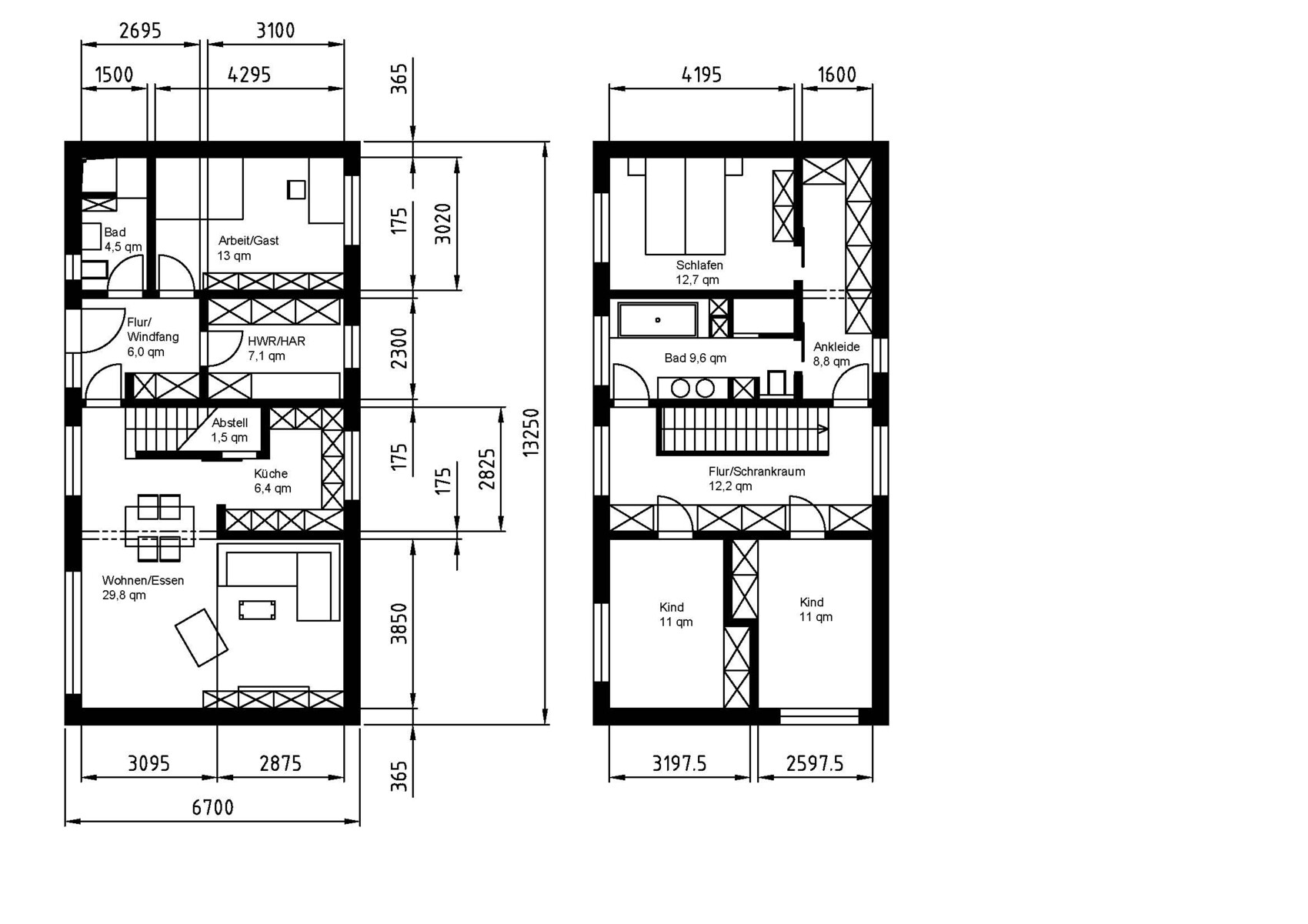 Zweigeschossiger Hausgrundriss mit Maßen und Zimmerbezeichnungen.