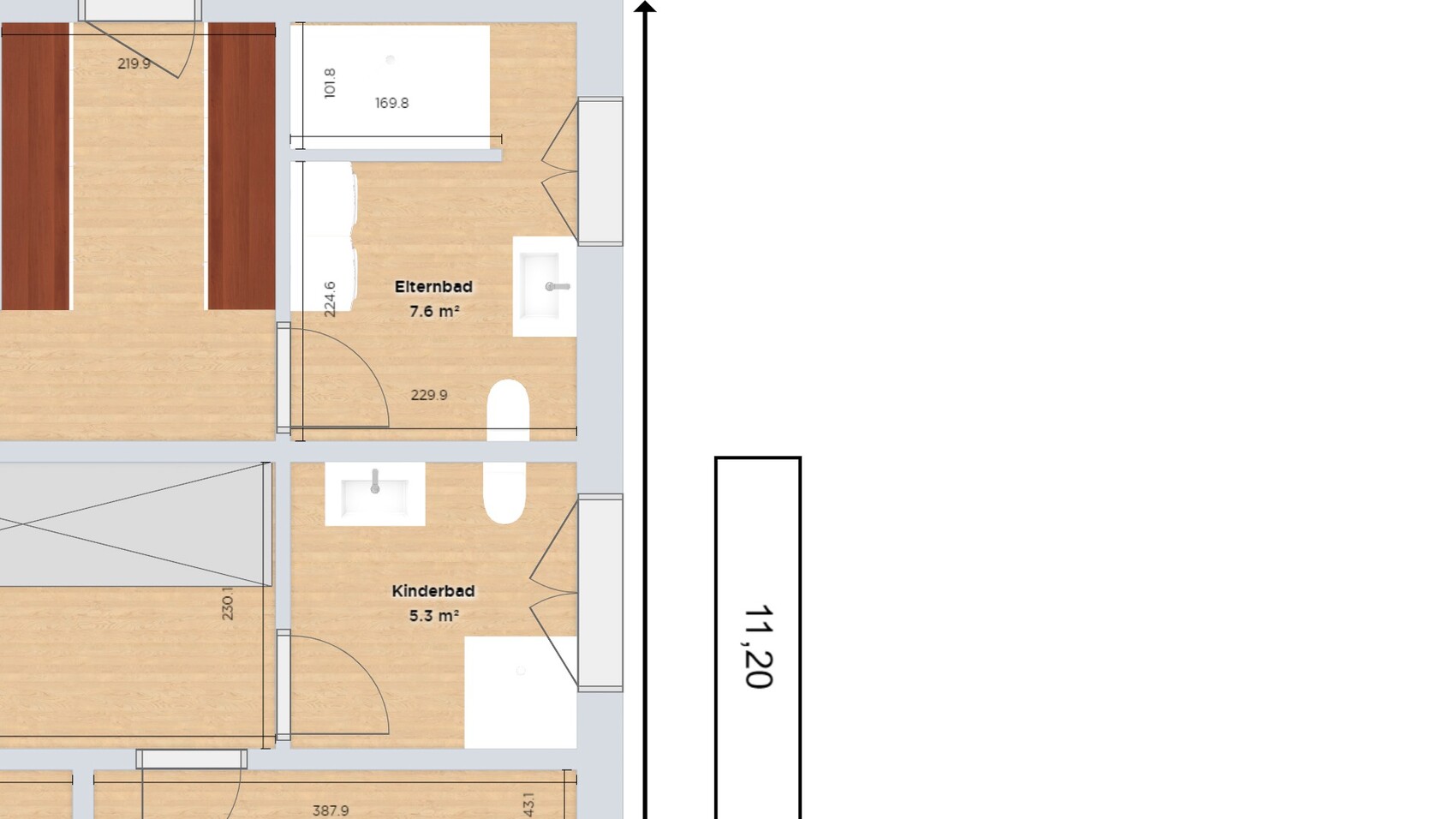 Top-Down-Grundriss einer Wohnung mit Elternbad und Kinderbad, Türen und Holzboden.