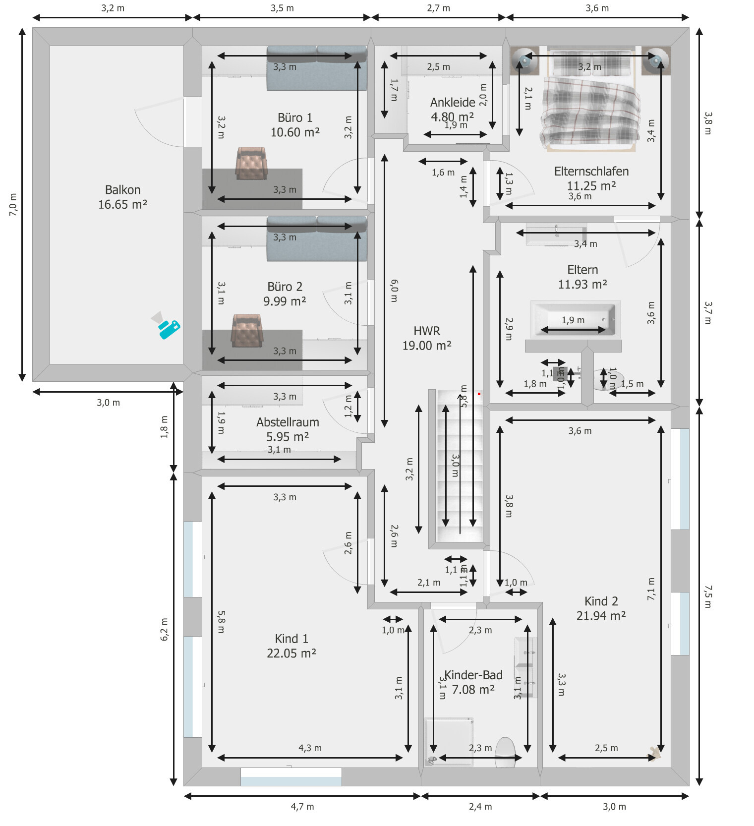 Grundrissplan eines Hauses mit Balkon, mehreren Zimmern und Flächenangaben