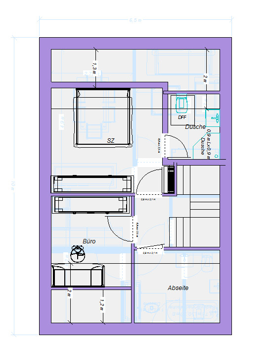 Grundriss eines Innenraums: SZ-Schlafzimmer, Büro, Abseite und Dusche, mit Treppen.