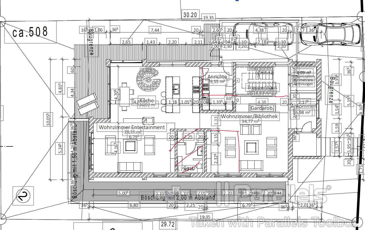 Grundrissplan eines Hauses mit Zimmern, Möbeln und Abmessungen