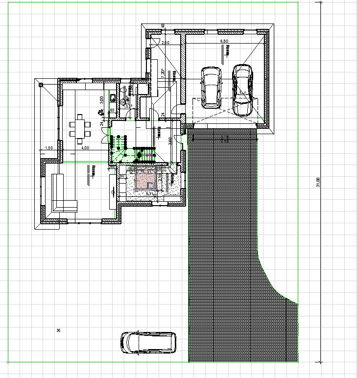Grundriss eines Einfamilienhauses mit Garage für zwei Autos, Zufahrt und Wohn-/Essbereich.