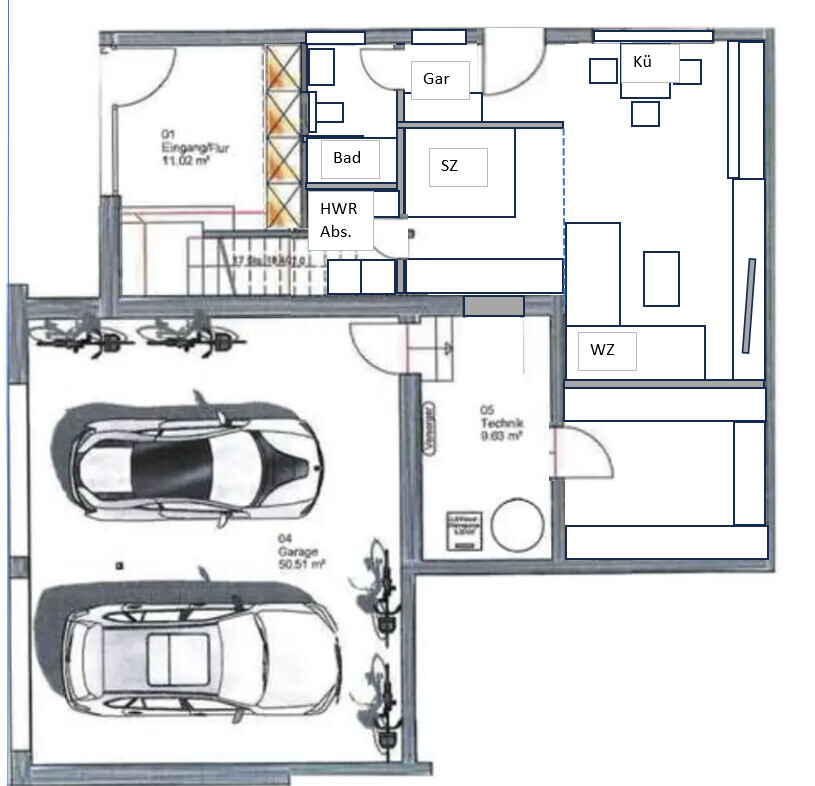 Grundriss eines Hauses: Garage mit zwei Autos, Flur, Bad, SZ, Küche, WZ, Technik und HWR/Abs.