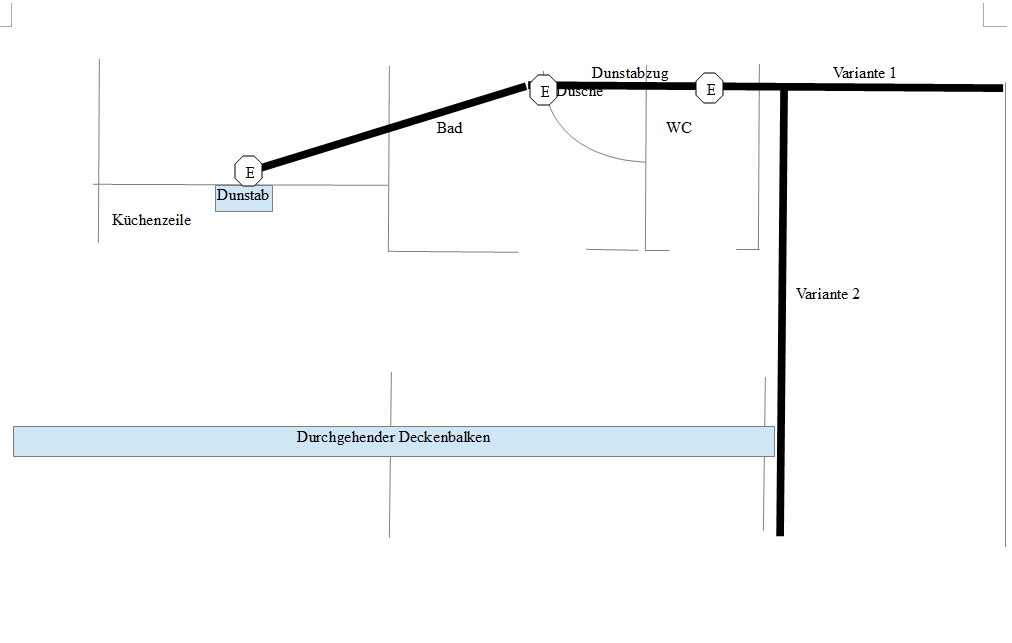 2D-Grundrissplan mit Bad, Dusche, Küchenzeile, Dunstabzug und durchgehenden Deckenbalken