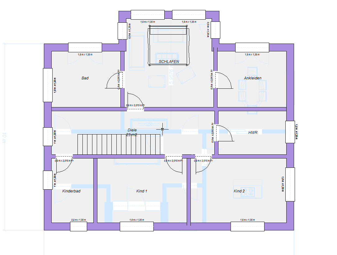Grundriss eines Hauses: Schlafzimmer, Ankleide, Bad, Diele, Kinderbad, Kind 1, Kind 2, HWR.