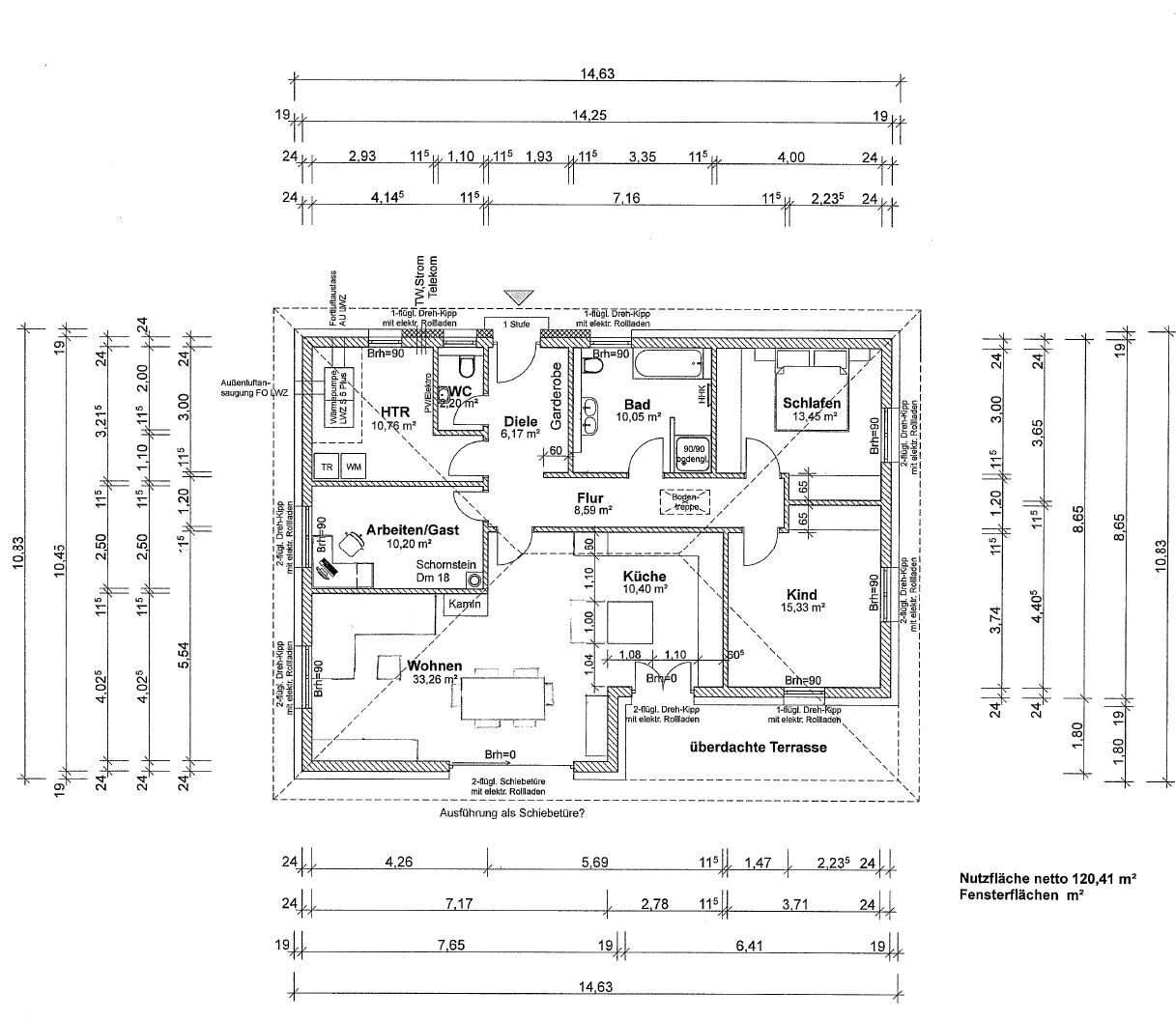 Grundriss eines Hauses mit Raumaufteilung: Wohnen, Küche, Bad, Flur und Terrasse.