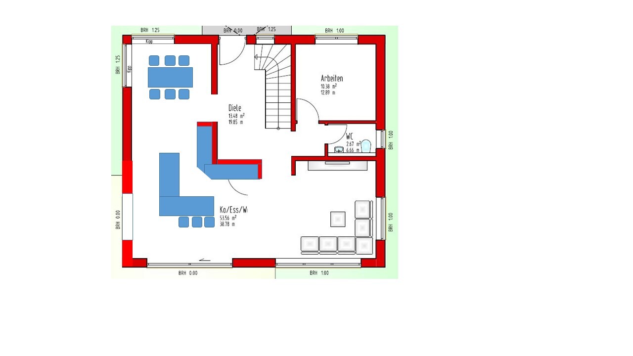 Grundriss: Diele, Küche/Essbereich, Wohnzimmer, Arbeitszimmer, WC.