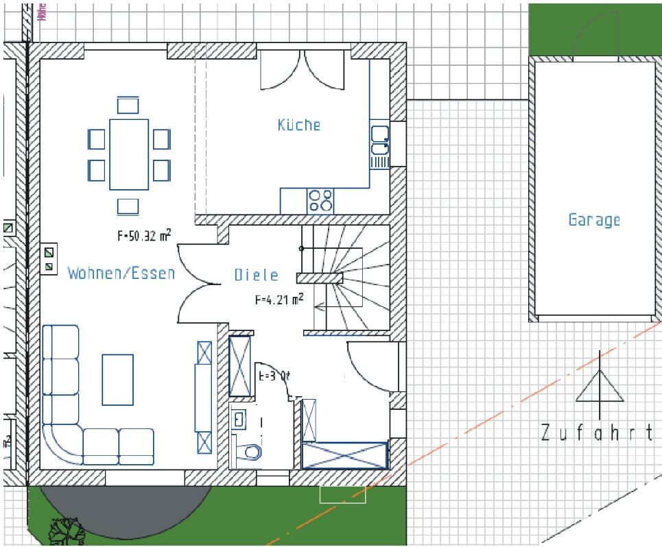 2D-Grundriss eines Hauses mit Küche, Wohnen/Essen, Diele, Treppen, Garage und Zufahrt