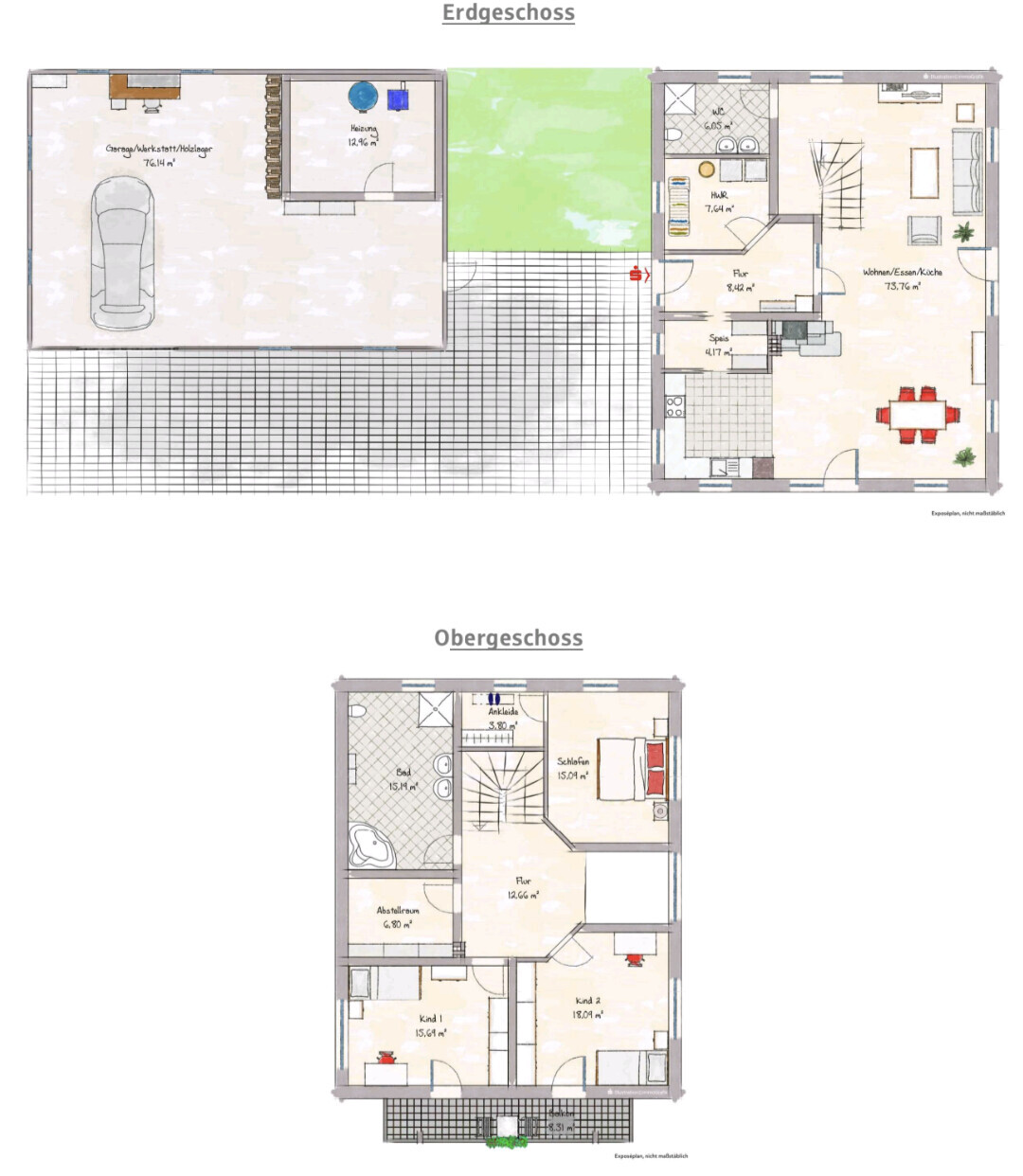 Grundriss: Erdgeschoss mit Garage, Küche, Wohnen; Obergeschoss mit Bad, Schlaf- und Kinderzimmer.