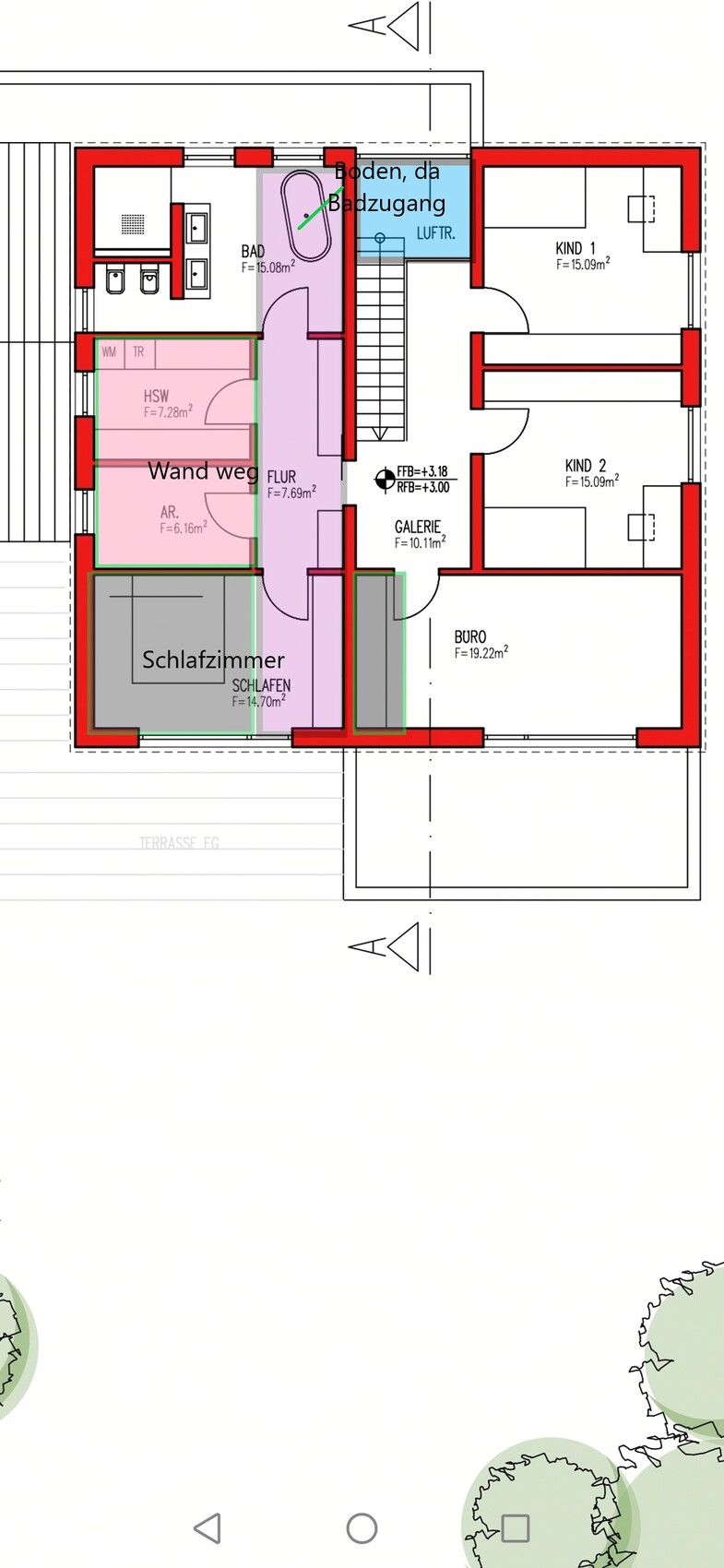 Grundriss eines Hauses: Schlafzimmer, Bad, Flur, Büro, zwei Kinderzimmer, Galerie