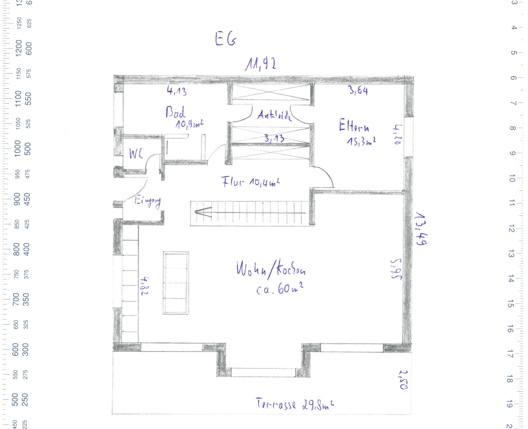 Grundriss EG: Wohnen/Kochbereich, Elternzimmer mit Ankleide, Bad, WC, Flur, Terrasse.