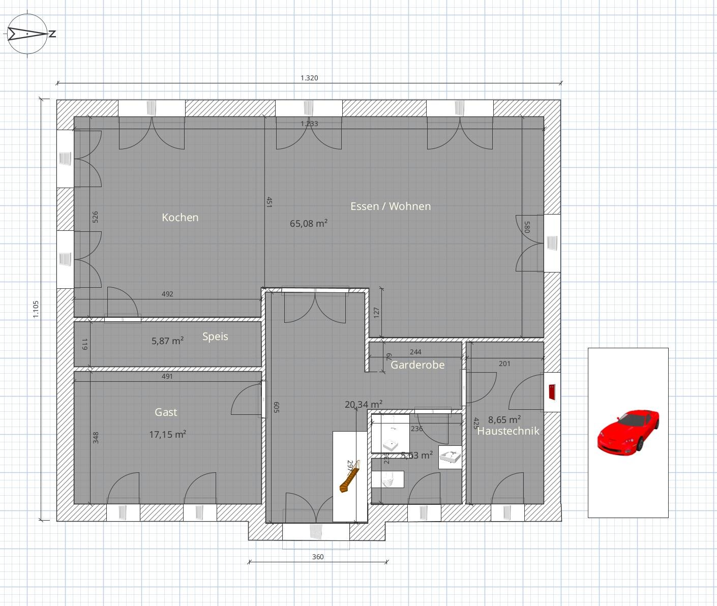 Hausgrundriss mit Kochen, Essen/Wohnen, Gast, Speis, Garderobe, Haustechnik; Auto rechts.