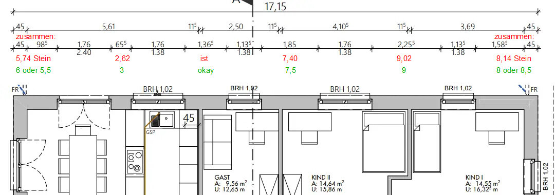 Grundriss einer Wohnung: Küche Essbereich Flur und drei Zimmer (Gast, Kind I, Kind II).