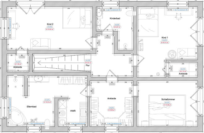 Grundriss eines Hauses mit Kind 1, Kind 2, Schlafzimmer, Elternbad, Kinderbad, Ankleide, Flur, HWR.