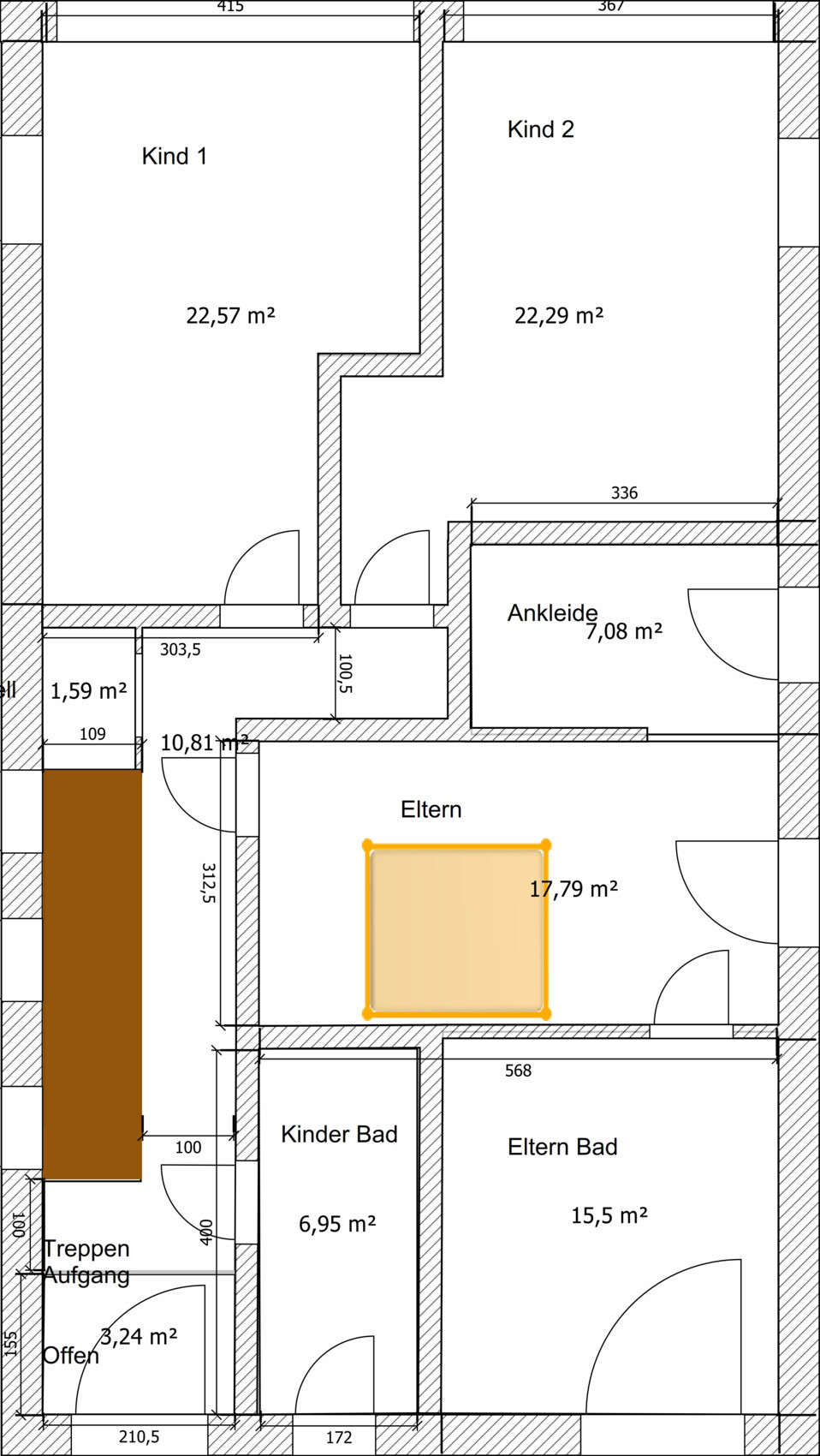 Grundriss eines Wohnraums mit zwei Kinderzimmern, Elternzimmer, Ankleide, Bädern und Treppenaufgang.