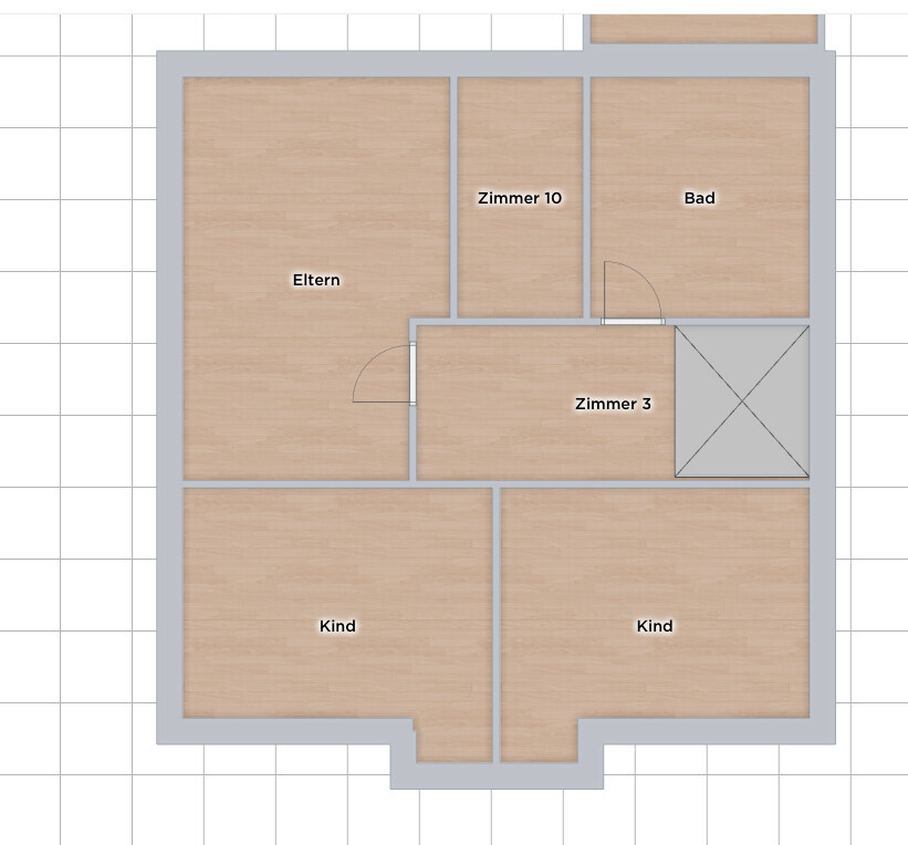 Grundriss eines Hauses: Elternzimmer, Zimmer 10, Bad, Zimmer 3 und zwei Kinderzimmer.