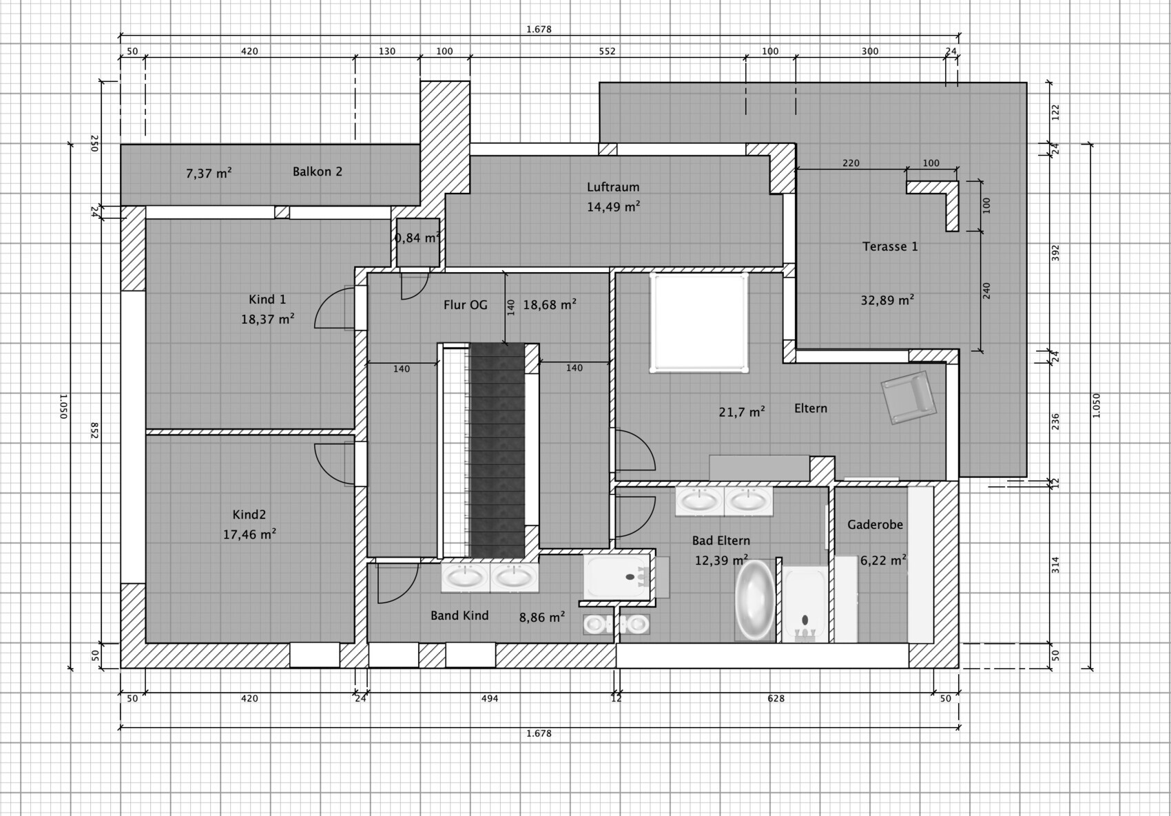 Grundriss eines Familienhauses mit Eltern- und Kinderzimmern, Bad, Flur und Terrasse.