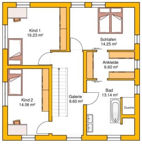 Grundriss eines Hauses mit Schlafzimmer, zwei Kinderräumen, Bad, Dusche und Galerie