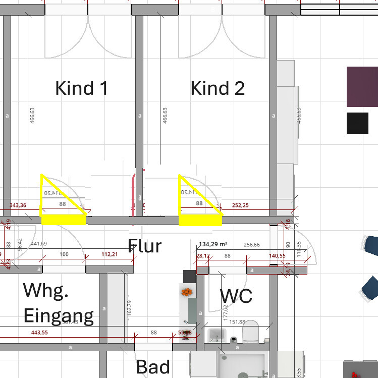 Detaillierter Grundriss eines Hauses mit Flur, Bad, WC und zwei Kinderzimmern.