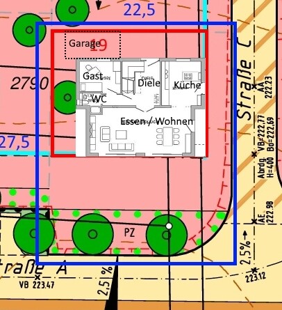 Grundriss eines Hauses im Grundstücksplan mit Garage, Diele, Küche und Wohnen.