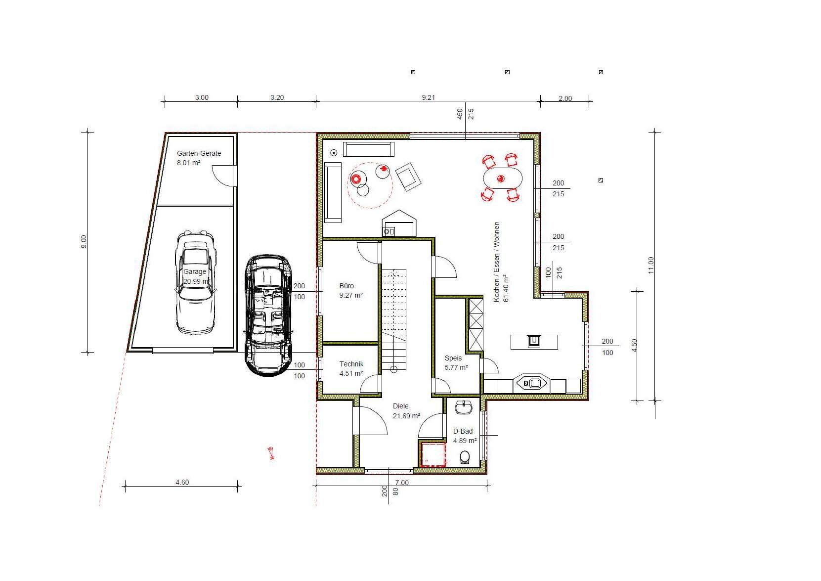 Grundriss eines Hauses mit Garage, Büro, Küche und Wohnbereich