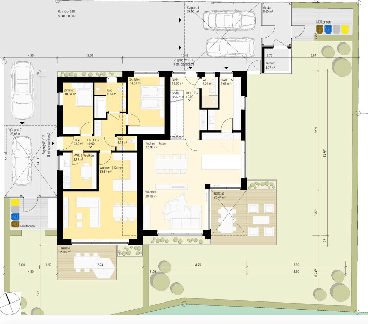 Grundriss eines Einfamilienhauses mit Wohnzimmer, Küche, Schlafzimmer, Bad, Terrasse und Garten.