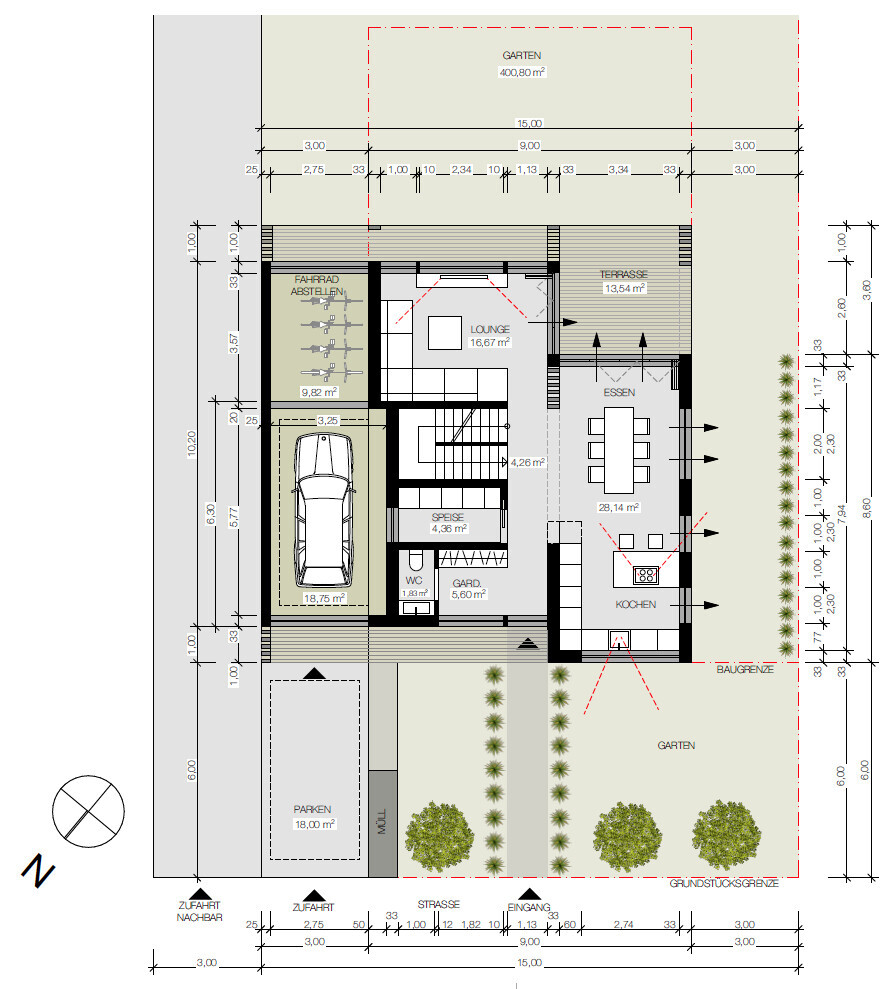 2D Grundriss eines Einfamilienhauses mit Garage, Terrasse, Garten und Essbereich