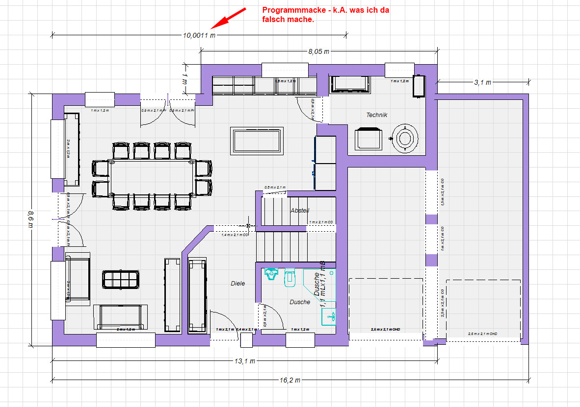 Grundriss eines Hauses: Essbereich mit Esstisch, Sitzgruppen, Technikraum, Dusche und Abstellraum.