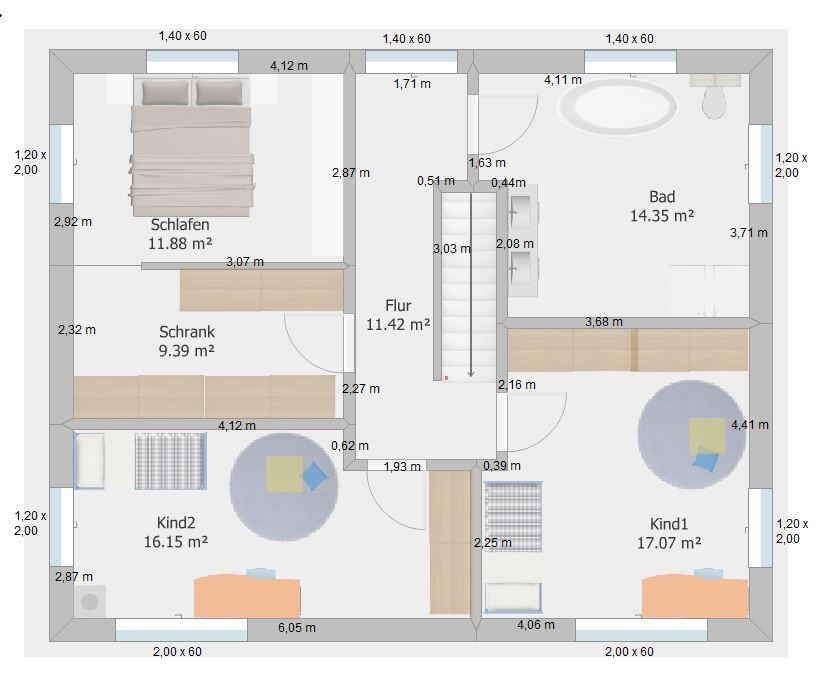 Grundriss einer Wohnung mit Schlafzimmer, zwei Kinderzimmer, Bad, Flur und Möbeln.
