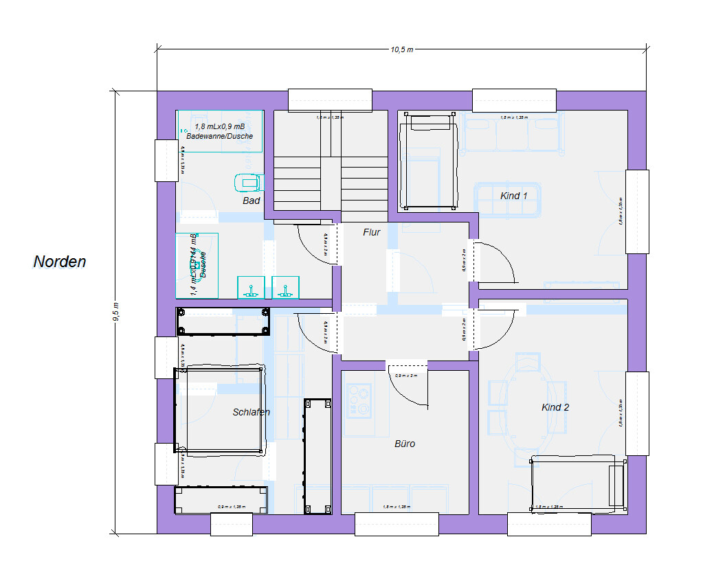 2D-Grundriss eines Hauses mit Bad, Flur, Schlafzimmer, Büro und zwei Kinderzimmern