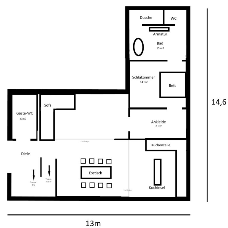 Grundriss einer Wohnung mit Dusche, WC, Bad, Schlafzimmer, Ankleide, Küche, Essbereich, Sofa.