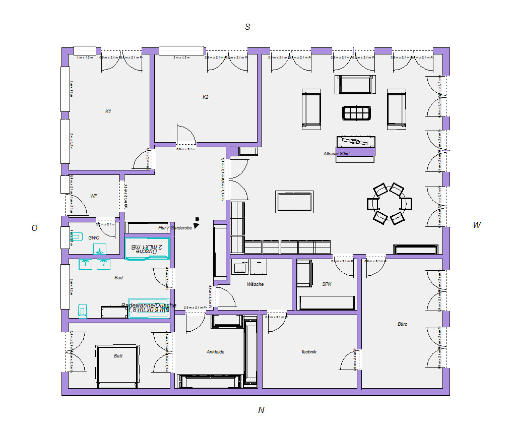 Grundriss eines Gebäudes mit Fluren, Wohnzimmer, Küche, Bad, Büro, Ankleide und Technikraum.