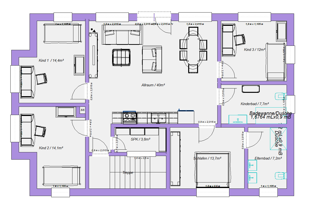 Grundriss eines Hauses mit Allraum, Küche, Schlafen, Kinderzimmern, Bad, Elternbad und Treppe.