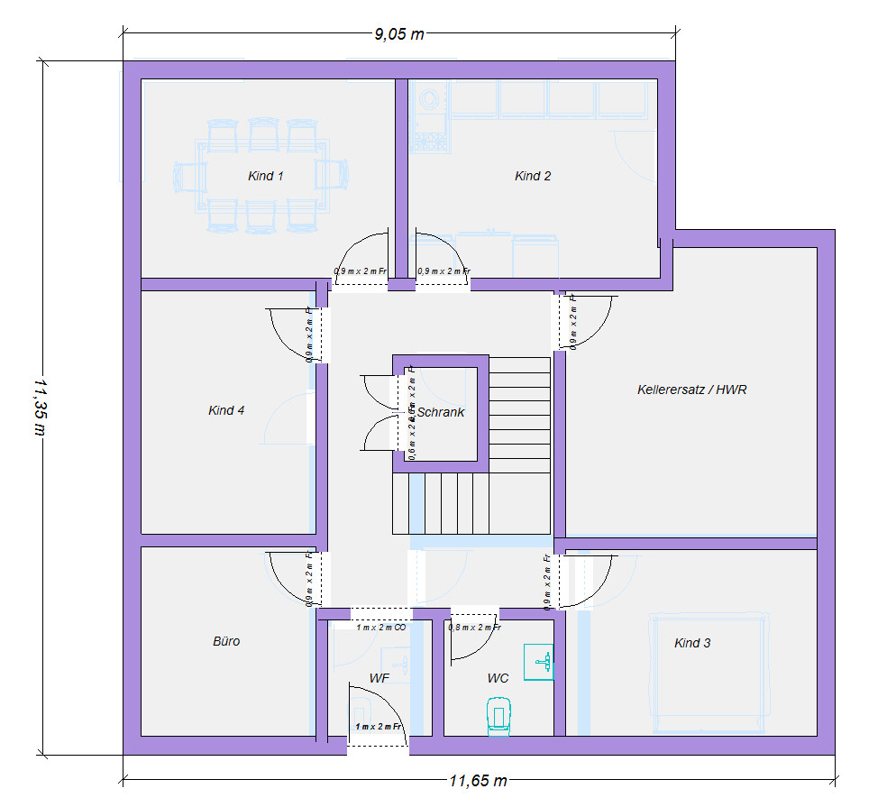 Grundriss eines Hauses mit Räumen: Kind 1–4, Büro, WC, Schrank, Kellerersatz/HWR, Treppenhaus.