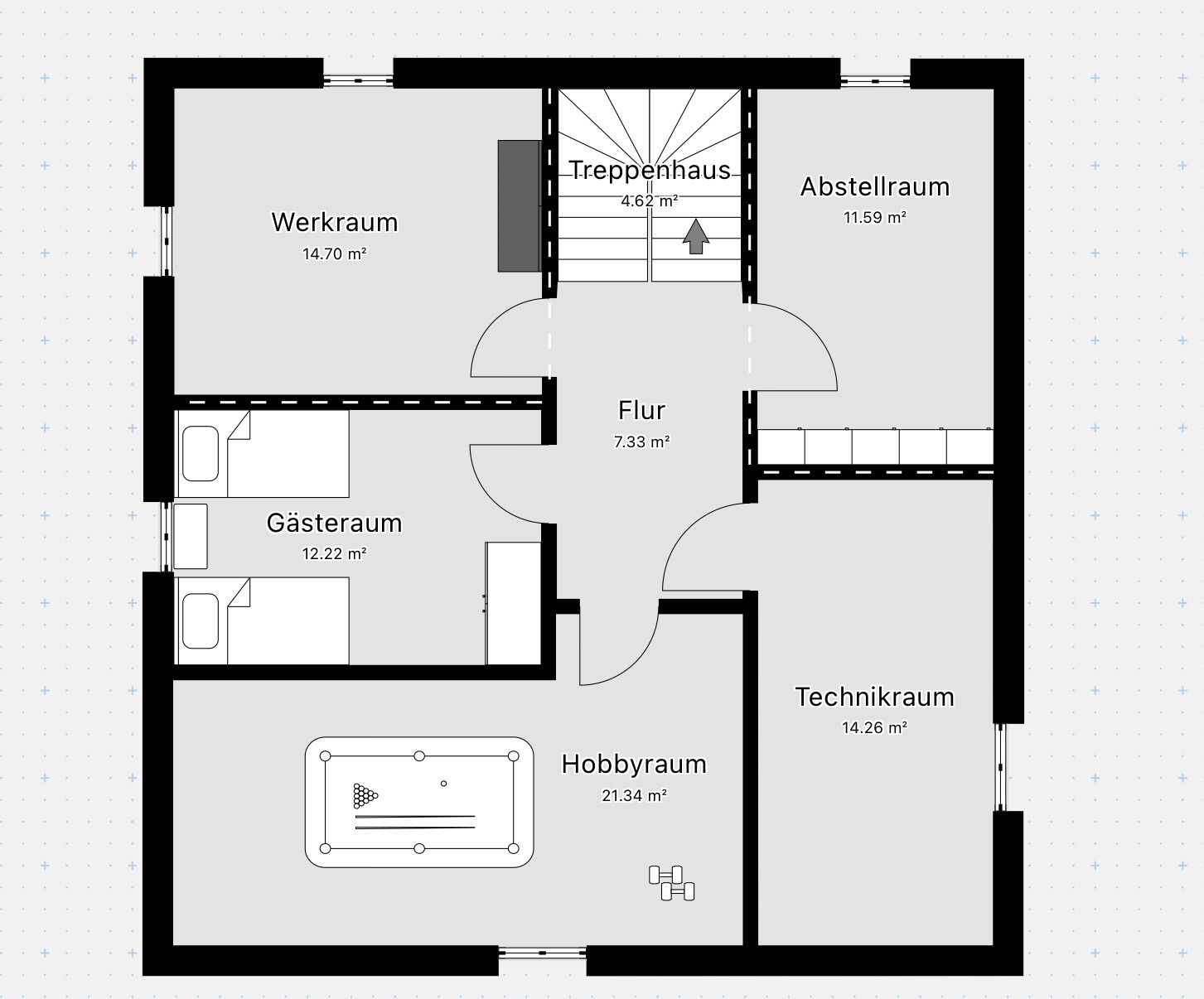Grundriss eines Mehrraum-Hauses mit Flur und Treppenhaus sowie mehreren Räumen.