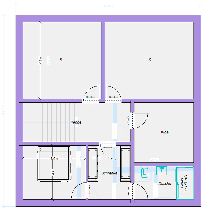 Grundriss eines Hauses: zwei große Räume (K) links/rechts, Treppe, Kiba, Dusche, Schränke, Türen.