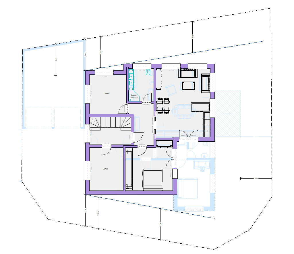 Grundriss eines Hauses mit Wohnraum, Küche, Bad und Schlafzimmer.