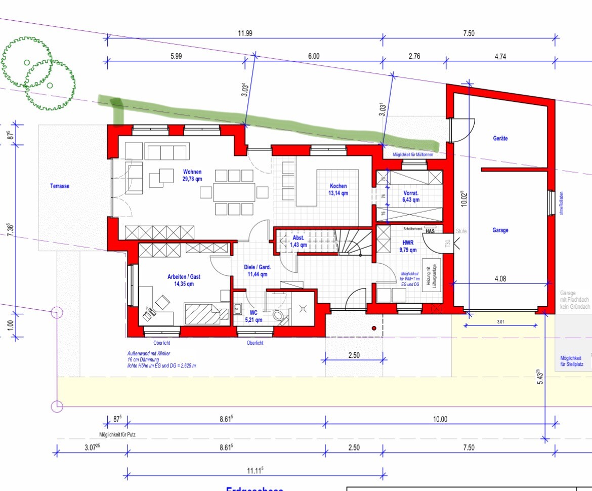 Grundriss eines Hauses: Terrasse links, Garage rechts, Räume Wohnen, Kochen, Arbeiten, Diele und WC.