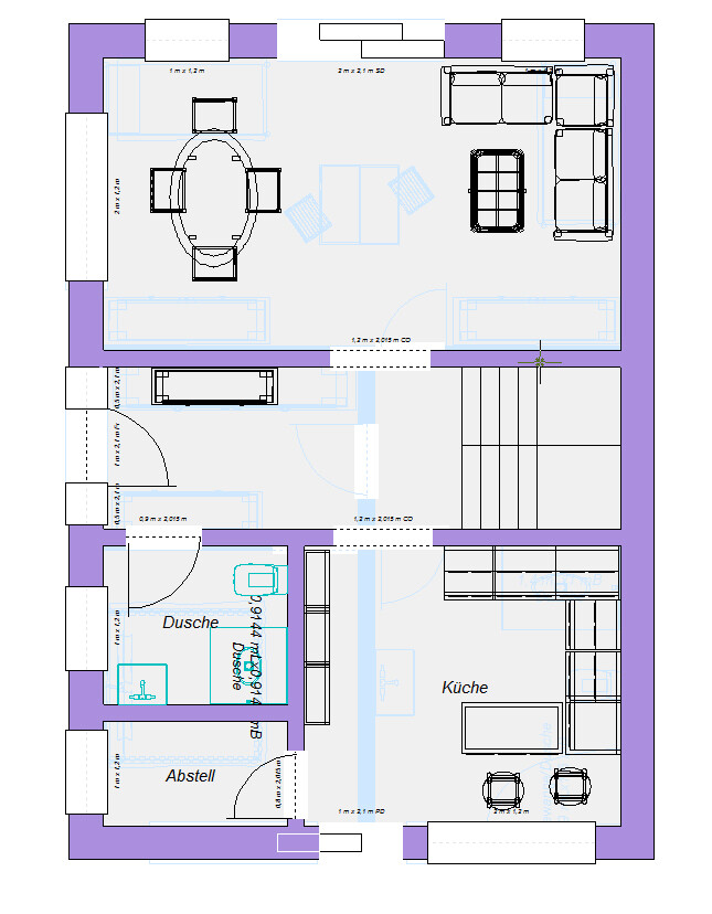 Grundriss eines Wohnhauses: Wohnzimmer, Essbereich, Küche, Bad mit Dusche, Abstellraum.