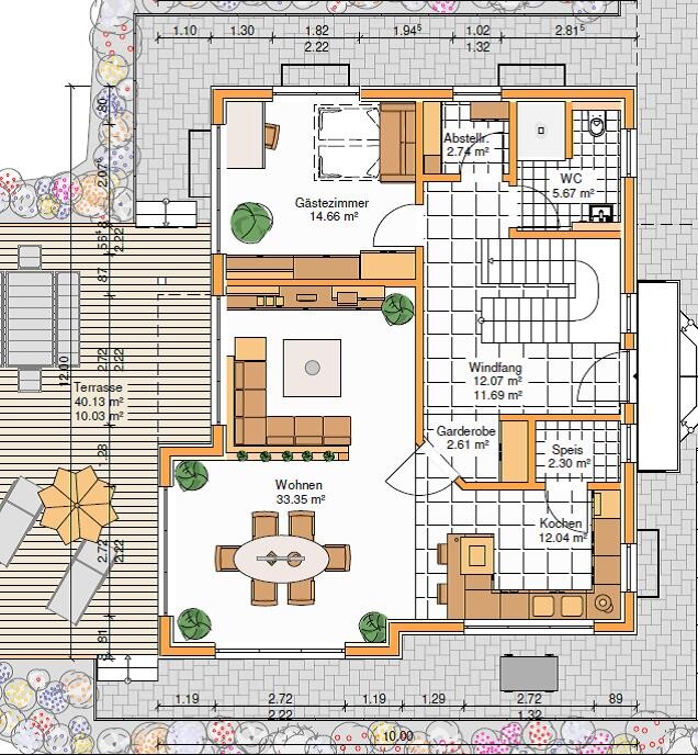 Architektonischer Grundriss eines Hauses mit Wohnen, Gästezimmer, Küche, WC, Terrasse und Garten.