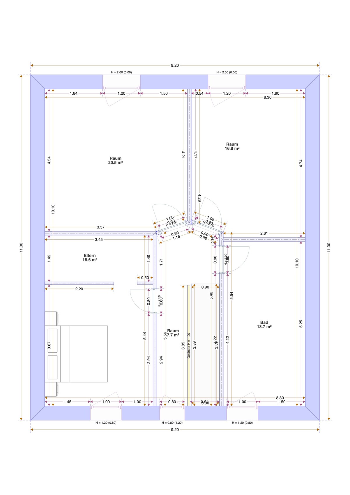 Grundriss einer Wohnung mit Elternzimmer, zwei Räumen, Bad, Türen und Maßangaben.