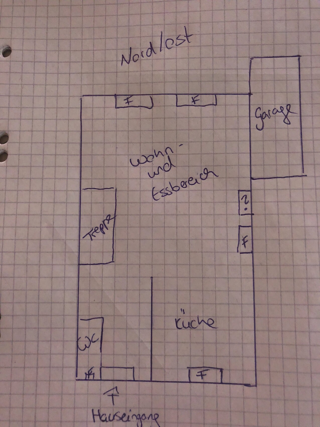 Handgezeichnete Grundrissskizze eines Hauses mit Küche, Wohnzimmer, Garage